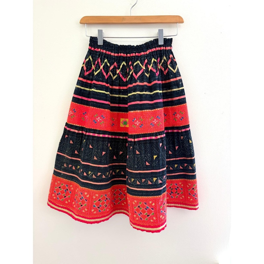VTG 70s Thai Hmong Hand Embroidered Neon Indigo Skirt Folk Tribal Elastic Waist - Picture 5 of 7